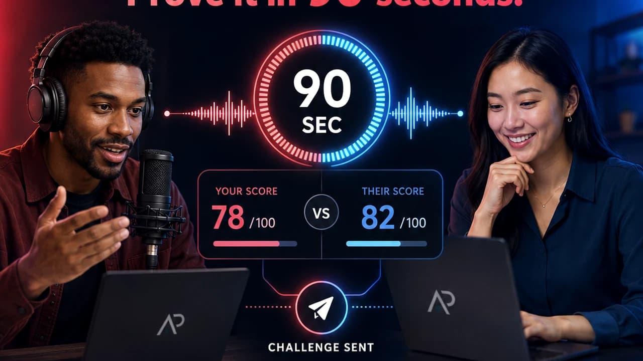 Two professionals completing a 90-second AskPitch Duel and comparing scores